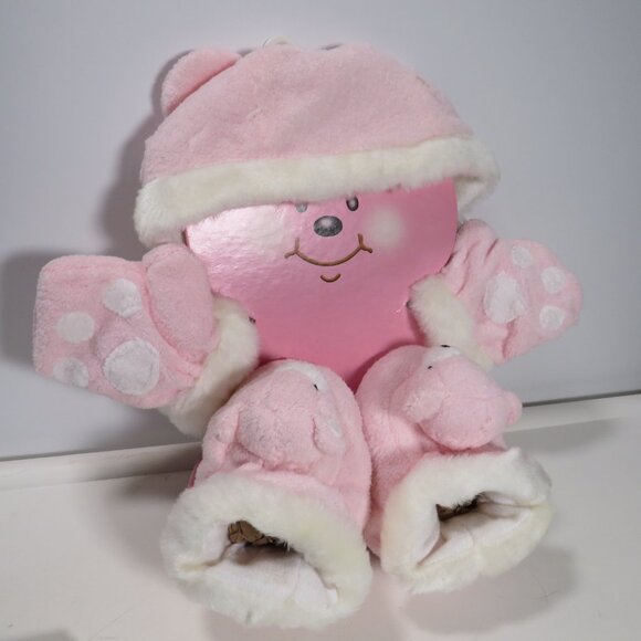 Baby Pink & White Bear Hat - cap, shoes & mittens 0-6mts Baby Girl - Picture 1 of 11